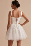 White Corset Square Neck Tulle Short Little White Dress with Bow