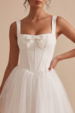 White Corset Square Neck Tulle Short Little White Dress with Bow