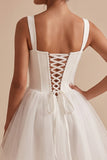 White Corset Square Neck Tulle Short Little White Dress with Bow