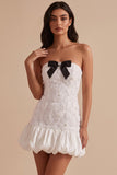 White Bodycon Bubble Hem Strapless Short Little White Dress with Bow
