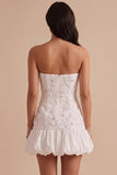 White Bodycon Bubble Hem Strapless Short Little White Dress with Bow
