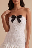 White Bodycon Bubble Hem Strapless Short Little White Dress with Bow