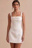 White Corset Square Neck Sheath Short Little White Dress