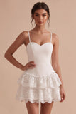 White Fitted Spaghetti Straps Tiered Sweetheart Short Little White Dress with Lace