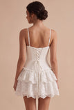 White Fitted Spaghetti Straps Tiered Sweetheart Short Little White Dress with Lace