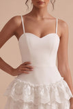 White Fitted Spaghetti Straps Tiered Sweetheart Short Little White Dress with Lace