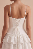 White Fitted Spaghetti Straps Tiered Sweetheart Short Little White Dress with Lace