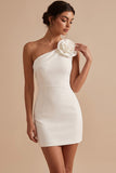 White One Shoulder Bodycon Short Little White Dress with 3D Flower