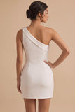 White One Shoulder Bodycon Short Little White Dress with 3D Flower