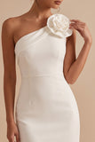 White One Shoulder Bodycon Short Little White Dress with 3D Flower