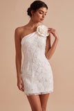 White One Shoulder Bodycon Short Little White Dress with 3D Flower