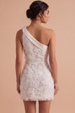 White One Shoulder Bodycon Short Little White Dress with 3D Flower