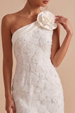 White One Shoulder Bodycon Short Little White Dress with 3D Flower