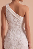White One Shoulder Bodycon Short Little White Dress with 3D Flower