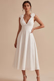 White A-Line V-Neck Ruched Midi Little White Dress with 3D Flower