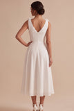 White A-Line V-Neck Ruched Midi Little White Dress with 3D Flower