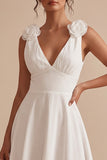 White A-Line V-Neck Ruched Midi Little White Dress with 3D Flower