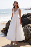 White Tea-Length A-Line V-Neck Satin Wedding Dress with Lace
