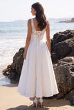 White Tea-Length A-Line V-Neck Satin Wedding Dress with Lace