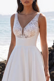 White Tea-Length A-Line V-Neck Satin Wedding Dress with Lace
