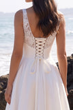 White Tea-Length A-Line V-Neck Satin Wedding Dress with Lace