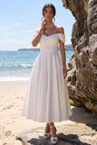 Off the Shoulder White Corset A-Line Satin Tea-Length Wedding Dress
