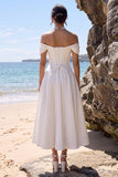 Off the Shoulder White Corset A-Line Satin Tea-Length Wedding Dress