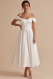 Off the Shoulder White Corset A-Line Satin Tea-Length Wedding Dress