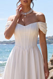 Off the Shoulder White Corset A-Line Satin Tea-Length Wedding Dress