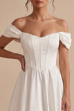 Off the Shoulder White Corset A-Line Satin Tea-Length Wedding Dress