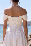 Off the Shoulder White Corset A-Line Satin Tea-Length Wedding Dress