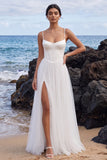 White Corset A-Line Satin Spaghetti Straps Maxi Wedding Dress with Side Slit