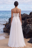 White Corset A-Line Satin Spaghetti Straps Maxi Wedding Dress with Side Slit