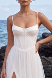 White Corset A-Line Satin Spaghetti Straps Maxi Wedding Dress with Side Slit