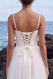 White Corset A-Line Satin Spaghetti Straps Maxi Wedding Dress with Side Slit