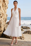 White A-Line Chiffon Halter Midi Wedding Dress with Sash