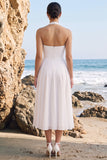 White A-Line Chiffon Halter Midi Wedding Dress with Sash