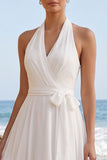 White A-Line Chiffon Halter Midi Wedding Dress with Sash