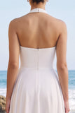 White A-Line Chiffon Halter Midi Wedding Dress with Sash