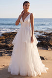 White A-Line Satin Organza Tiered V-Neck Maxi Wedding Dress