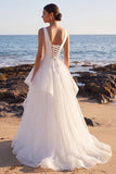 White A-Line Satin Organza Tiered V-Neck Maxi Wedding Dress