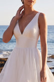 White A-Line Satin Organza Tiered V-Neck Maxi Wedding Dress