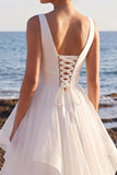 White A-Line Satin Organza Tiered V-Neck Maxi Wedding Dress