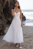 White A-Line Chiffon Ruched Lace Tea-Length Strapless Wedding Dress