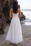 White A-Line Chiffon Ruched Lace Tea-Length Strapless Wedding Dress