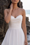 White A-Line Chiffon Ruched Lace Tea-Length Strapless Wedding Dress