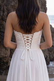 White A-Line Chiffon Ruched Lace Tea-Length Strapless Wedding Dress
