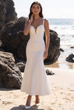 White Mermaid Satin Tulle Corset Ruched Sweetheart Midi Wedding Dress