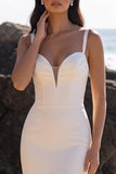 White Mermaid Satin Tulle Corset Ruched Sweetheart Midi Wedding Dress