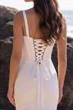 White Mermaid Satin Tulle Corset Ruched Sweetheart Midi Wedding Dress